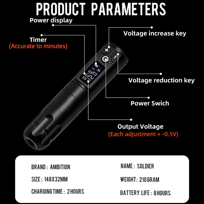 จัดส่งในกรุงเทพฯ-ปากกาสักไร้สาย-การชาร์จแบตเตอรี่ลิเธียม-จอภาพ-lcd-เครื่องสักไร้สายระดับมืออาชีพ