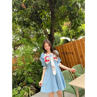 เดรสสียีนส์อ่อนอกโบว์ปักดอก🩵🎀MALI DRESS🌥️ป้าย ploypa