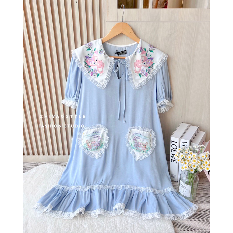 พร้อมส่ง-stella-dress-เดรสสีฟ้าลายเตลล่า