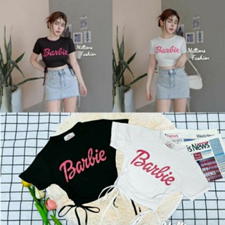 เสื้อครอปรูดข้าง  ผ้าเรย่อนงานบาร์บี้คอกลมแขนสั้น