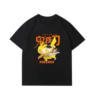 ท็อปส์ซูอะนิเมะ Pokémon Agatsuma Zenitsu  เสื้อยืดสีดำแขนสั้นชาย Demon Slayer: Blade Cotton เสื้อผ้าการ์ตูน