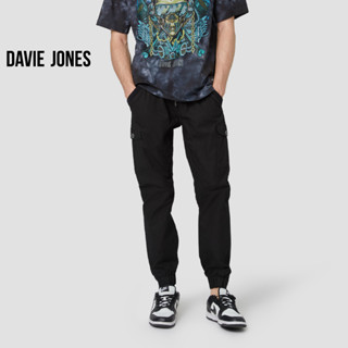 DAVIE JONES กางเกงจ็อกเกอร์ เอวยางยืด ขาจั๊ม สีดำ Drawstring Joggers in Black GP0065BK