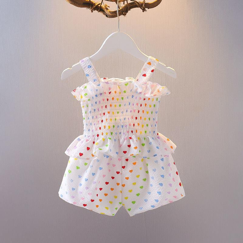 babyonline-y441-j6ชุดเซ็ตเสื้อสายเดี่ยวสม็อคตัวกางเกงขาสั้นเด็กผู้หญิงลายหัวใจสุดน่ารัก-ผ้านิ่ม