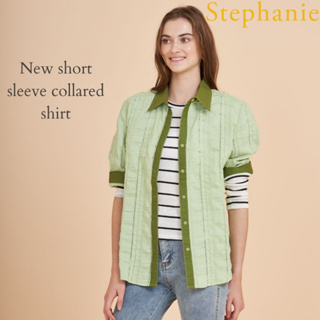 GSP Stephanie เสื้อเชิ้ตแขนสั้นสก็อต สีเขียวอ่อนคอเสื้อปลายแขนสาบกระดุมสีเขียวเข้ม(OWSD3GR)