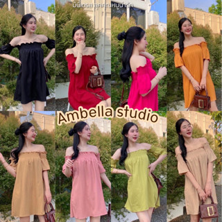 💜Ambella💜มินิเดรสเปิดไหล่ น่ารักมาก ลุคคุณหนู ใส่สม้อครอบอก สวมใส่สบายเดรสสั้นไปคาเฟ่ชุดไปทะเล