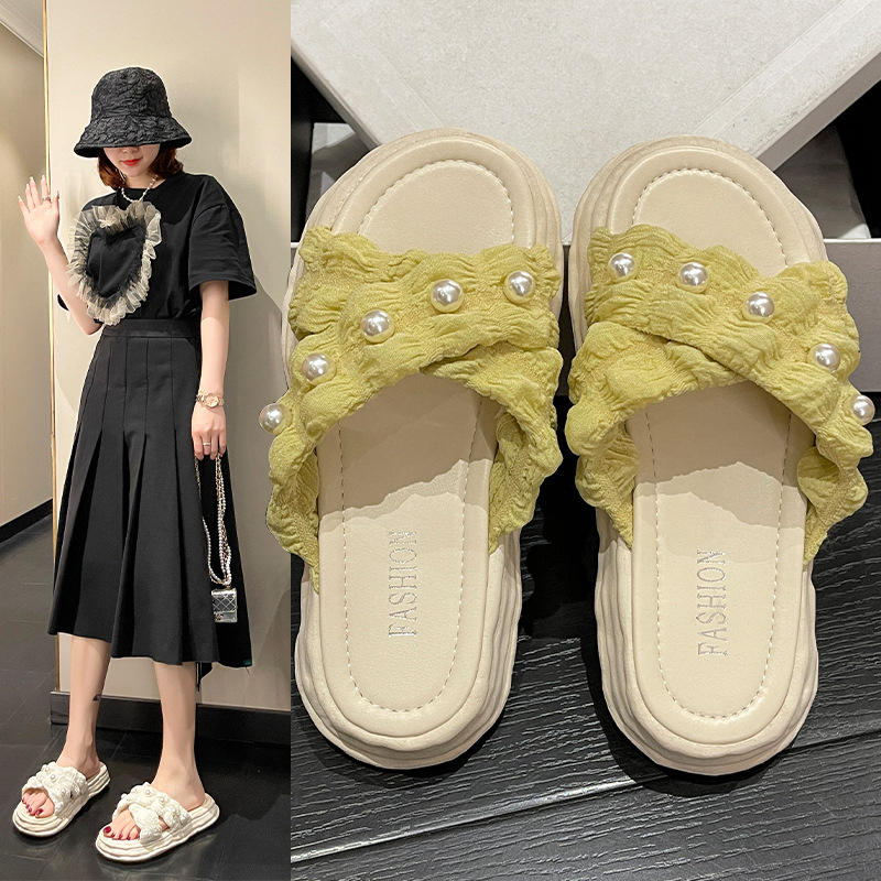 ผลิตภัณฑ์ใหม่-รองเท้าแตะแพลตฟอร์มสตรีสไตล์เกาหลี-แฟชั่นรองเท้าแตะชายหาดกลางแจ้ง-ประดับโบว์มุก