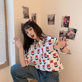 เสื้อแขนสั้น เสื้อเชิ้ตคอปก ทรงหลวม ลายดอกไม้สีแดงน่ารักๆ  ระบายอากาศได้ดี แฟชั่นฤดูร้อน