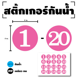 STICKER สติกเกอร์ สติ้กเกอร์กันน้้ำ ติดประตู,ผนัง,กำแพง (ป้ายตัวเลข 1-20) พื้นชมพูเลขขาว 1 A4 ได้รับ 20 ดวง [รหัส F-098]