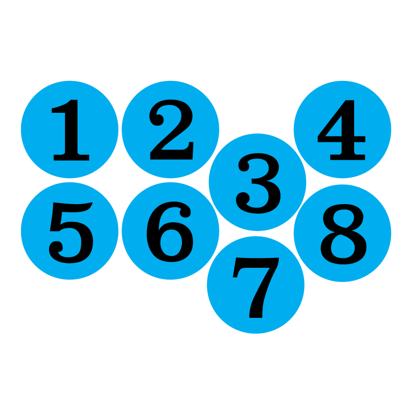 สติ๊กเกอร์ตัวเลข-ติดผนัง-สติกเกอร์-สติกเกอร์วงลม-ตัวเลขขนาด-7-ซม-1แผ่น-8ดวง-พื้นฟ้าตัวเลขดำ-รหัส-g-001