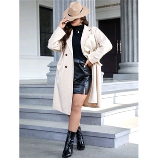 (Elegant Lapel Neck Overcoat) พร้อมส่ง Overcoat ยาว สีเบจ ใส่แล้วดูหรู