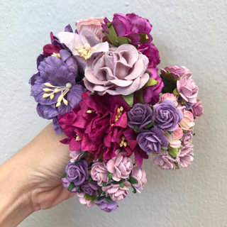 ดอกไม้กระดาษสาสีชมพูม่วงเข้มและบานเย็น คละขนาด 60 ชิ้น ดอกไม้ประดิษฐ์สำหรับงานฝีมือและตกแต่ง พร้อมส่ง F62