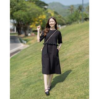 MAY 01 : สี Black  เดรสผ้าฝ้ายผสมลินิม ผ้านิ่ม เบา สบาย สายมินิมอลเกาหลี