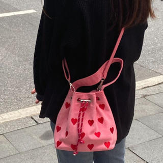 Camidy เกาหลีปักหัวใจ Drawstring กระเป๋าถือสีชมพูผู้หญิงใหม่ไหล่เดียว Messenger กระเป๋ามินิถัง