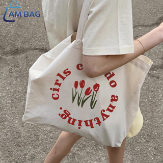 Am Bag ✿ Totebag ผ้าแคนวาส ถุงผ้าสไตล์เกาหลี กระเป๋าสะพายไหล่แฟชั่น พิมพ์ลายเก๋ๆ มีกระดุม+ช่อง ✿