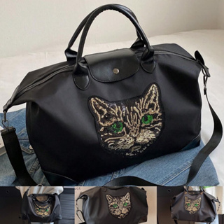 DWK :กระเป๋าเดินทางตกแต่งเลื่อมลายแมว Large Fashion Travel Bag Adjustable-strap Sequin Cat Decor Polyester
