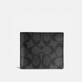 Coach F74993 Compact ID Wallet In Signature Canvas CQ/BK กระเป๋าสตางค์ผู้ชาย สี Charcoal/Black