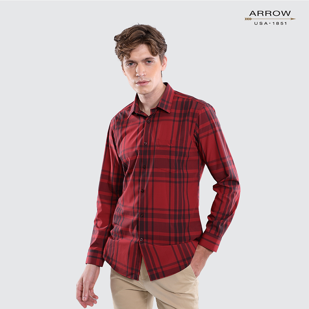 arrow-bamboo-shirt-สัมผัสนุ่ม-สวมใส่สบาย-ระบายอากาศดี-เสื้อเชิ้ตทำงานแขนยาว-ลายตาราง-สีแดง-ทรง-slim-fit-รหัสmacs108s3bsre