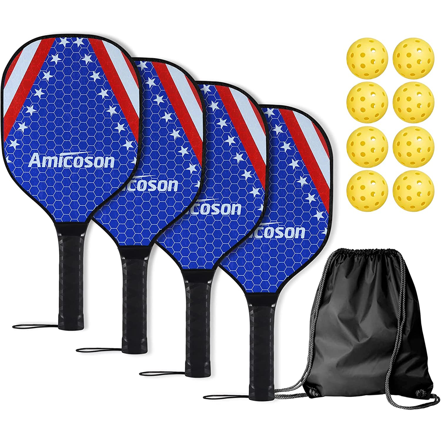 Amicoson Pickleball Paddles - Pickleball-set van 4 houten peddels, pickleball-peddelset voor binnen en buiten, van 4 pickleball-rackets, ergonomische kussengreep, 8 Pickleball-ballen en 1 draagtas