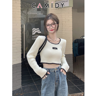 Camidy เสื้อกันหนาวสำหรับผู้หญิงลมบริสุทธิ์กระดูกไหปลาร้าสั้นสัมผัสเสื้อกันหนาวแขนยาวฤดูใบไม้ร่วงของผู้หญิงใหม่บางสายรัดเอวสูงอารมณ์แจ็คเก็ต