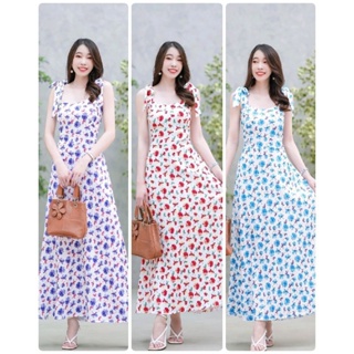 Maxi dress ผูกโบว์ไหล่ลายดอกไม้ สายผูกเองปรับระดับได้ มีสม๊อคด้านหลัง มีซับใน