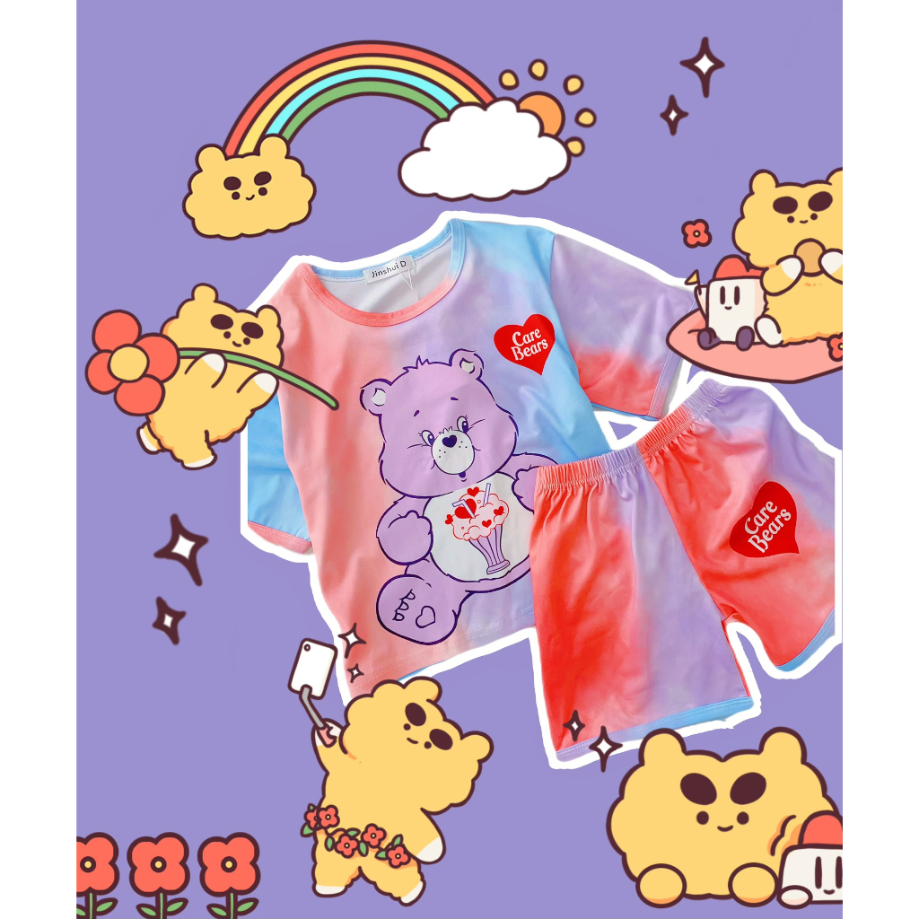 beryl-kids-ชุดเซ็ทเด็ก-ผญ-เสื้อผ้าเด็กผญ-ชุดเสื้อยืดแขนสั้นเด็กผู้หญิงส-พิมพ์ลายหมีมัดย้อมสไตล์เกาหลี-เด็กชายและเด็กหญิง