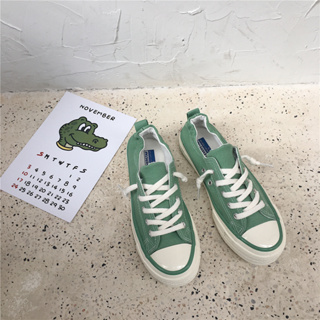 รองเท้าผ้าใบทรง Converse สีเขียวมะกอก สไตล์เกาหลี สไตล์สตรีท