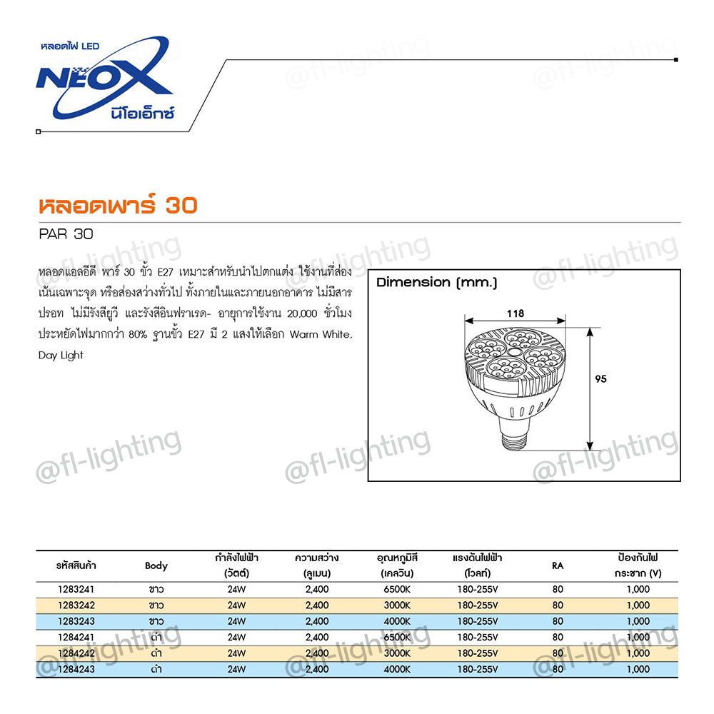 neox-หลอดไฟ-led-par30-24w-ขั้วe27-บอดี้-ขาว-ดำ-แสงวอร์มไวท์-3000k-แสงคูลไวท์-4000k-แสงเดย์ไลท์-6500k