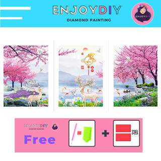 ครอสติสคริสตัล 5d diy diamond painting แบบเม็ด ลาย กวาง ซากุระ 3 ภาพ ติดเต็ม เม็ดกลม EnjoyDIY พร้อมส่งจากไทย