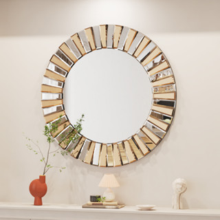 Round Mirror Wall Decor กระจกตกแต่งขนาดใหญ่พร้อมกรอบกระจกเอียง, กระจกเน้นเสียงที่ทันสมัยสำหรับห้องนั่งเล่น, ห้องโถง