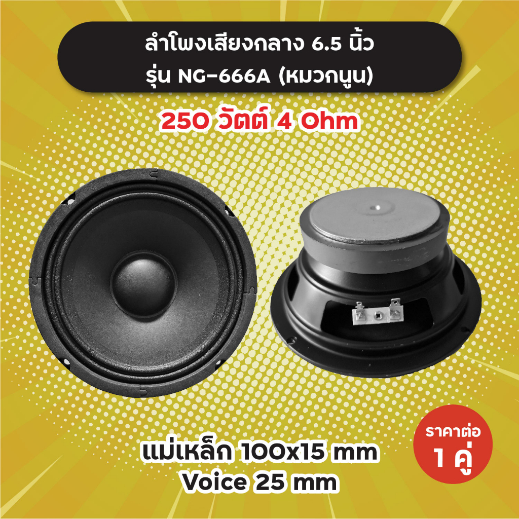 ลำโพงเสียงกลาง-6-5-นิ้ว-รุ่น-ng-666a-หมวกนูน-1-ดอก-1-คู่-250w-4-ohm-แม่เหล็ก-100x15-มิล-วอยซ์-25-มิล-ng666a