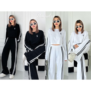 ! Polo Crop Top Set  เซทเสื้อครอปคอกลม แขนยาว สกรีนโลโก้ polo เล็กช่วงอก มาพร้อมกางเกงขายาวทรงกระบอกใหญ่