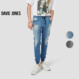 DAVIE JONES กางเกงจ็อกเกอร์ ยีนส์ เอวยางยืด ขาจั๊ม สีกรม สีดำ Drawstring Denim Joggers GP0142MN BK