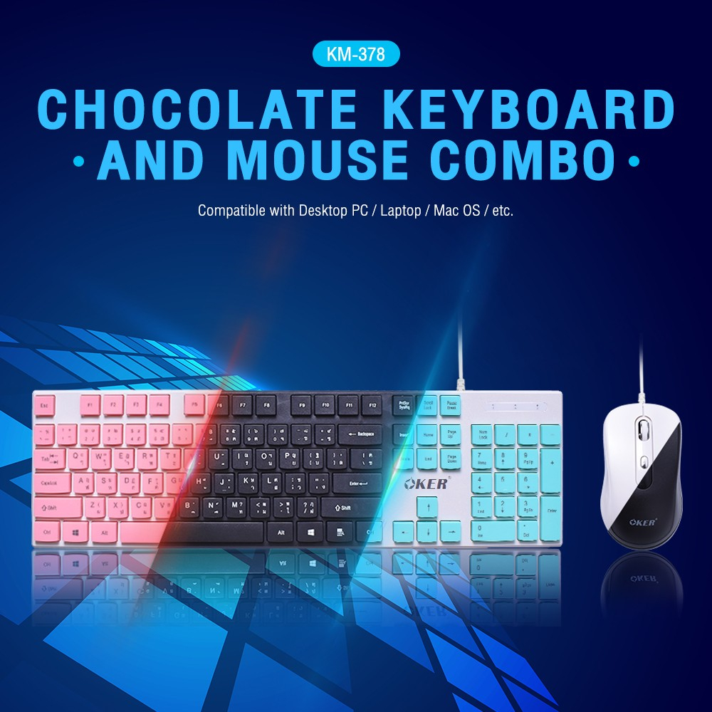 ส่งเร็ว-oker-km-378-keyboard-mouse-ชุดคีย์บอร์ดพร้อมเมาส์-สีชมพู-pink-blue-switch-คุณภาพสูง-ปุ่มกดง่าย-dm-378