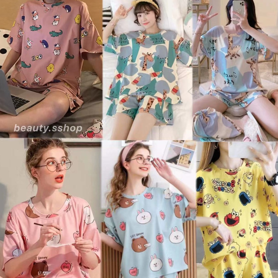 ชุดนอน ลายการ์ตูนหมีน่ารัก คอกลมเสื้อแขนสั้น+ขาสั้น ผ้าคอตตอน เนื้อผ้า ...