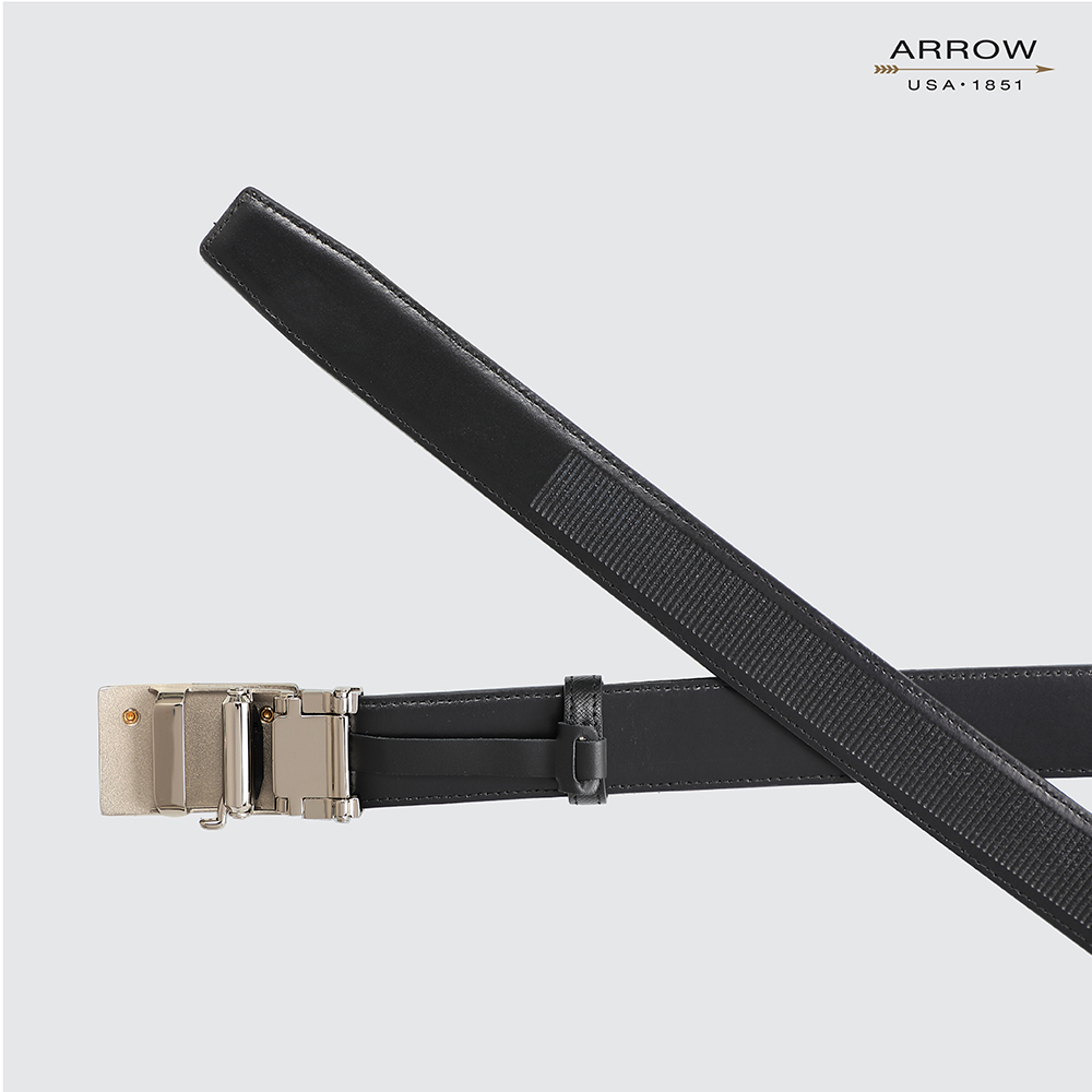 arrow-belt-เข็มขัดหัวออโต้ล๊อค-หัวเข็มขัดสีเงิน-logoทอง-สายสีดำ-ผลิตจากหนังแท้-mycb566-bl