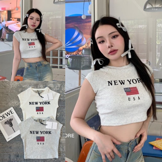 NEW YORK Crop top” ครอปแขนสั้นนิวยอร์ค ทรงสวย น่ารักมากก ขนาดกำลังพอดีตัว ปักด้านหน้า