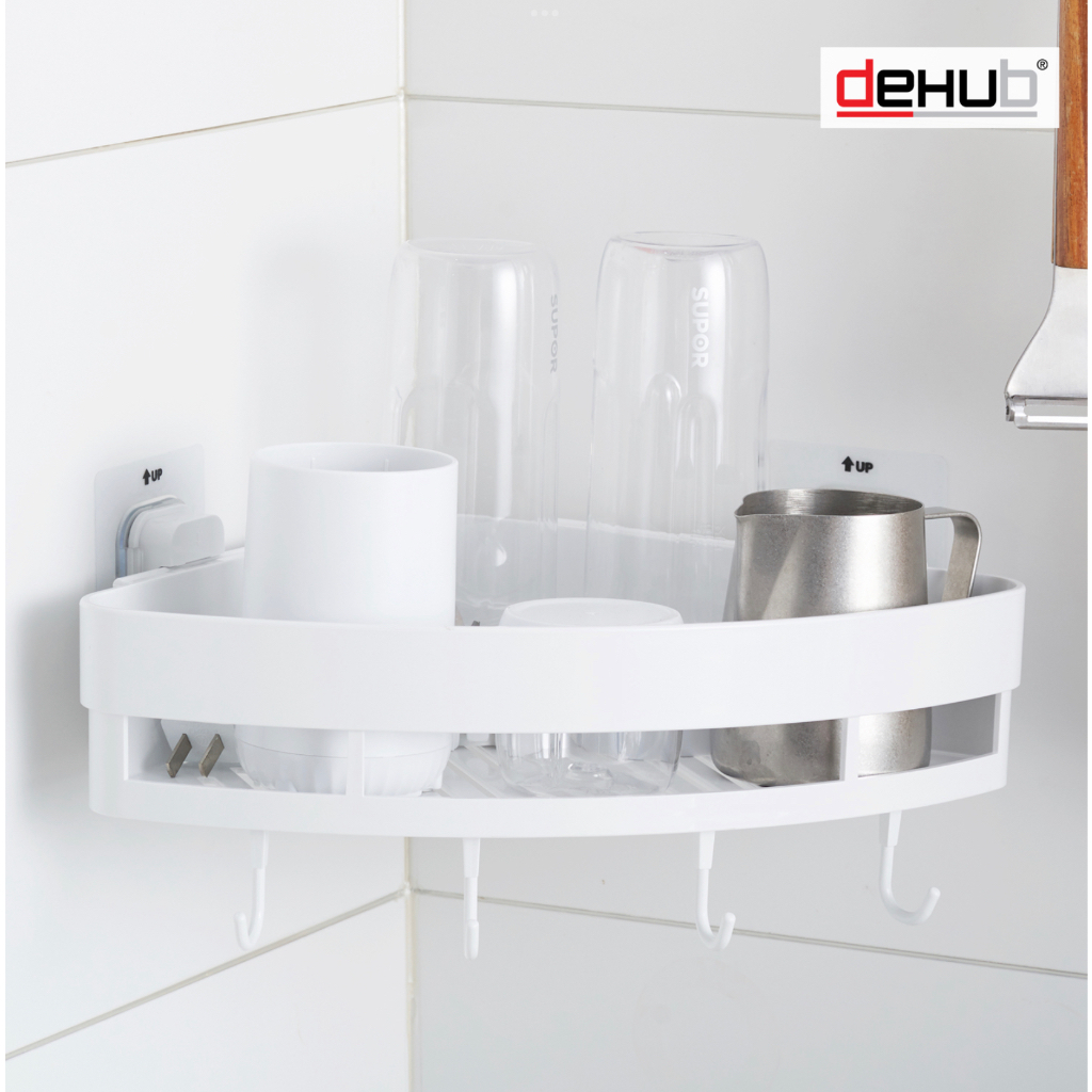 dehub-vacuum-pad-ชั้นวางของในห้องน้ำ-ห้องครัว-ไม่ต้องเจาะผนัง-แผ่นกาว-สูญญากาศ-vacuum-pad-corner-shelf-250-with-hook
