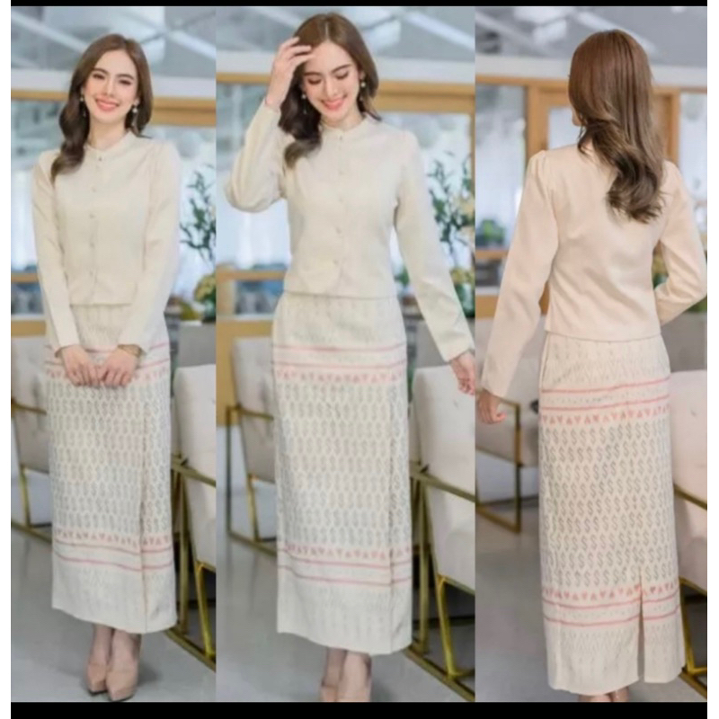 ชุดไทยจิตรลดาสีครีม ลายขอ ทรงสวยผ้าดี พร้อมส่ง ไซส์ S-4XL