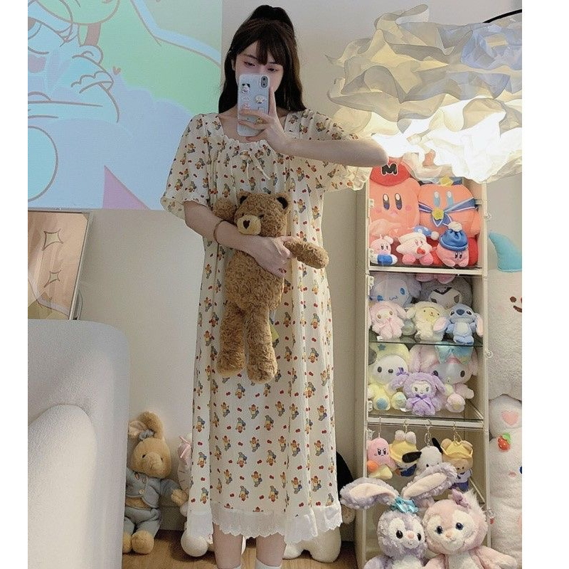 ชุดนอนฤดูร้อนปี-2023-สาวหวานน่ารักหมีชุดนอนผ้าฝ้ายญี่ปุ่นความยาวปานกลาง