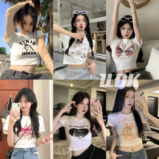 1LDK🌈พร้อมส่ง🌈เสื้อครอป คอกลมแขนสั้น รัดรูป ลายการ์ตูนน่ารัก ไซซ์เล็ก(176)