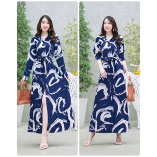 Maxi  dress ปกเชิ้ตแขนยาวลายกราฟฟิกสุดเกร๋ ติดกระดุมด้านหน้าเปิดได้ มีโบว์ผูกเอว กระโปรงทรงยาวบาน