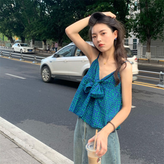 (พร้อมส่ง) Blue gingham vest 🌧💧 C2677 เสื้อสายเดี่ยว สายเดี่ยวน่ารักๆ สายเดี่ยวสไตล์เกาหลี