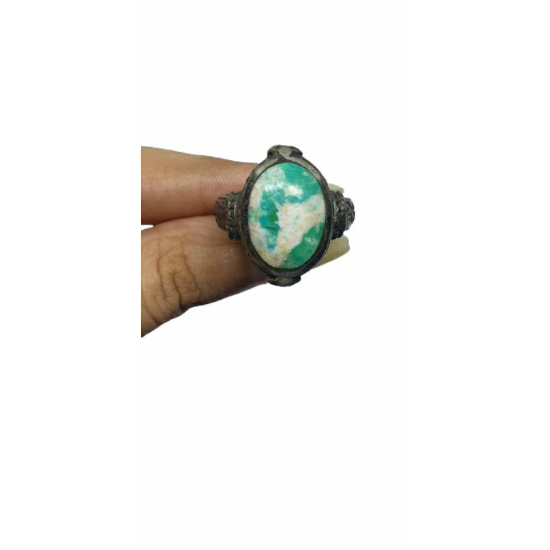 แหวนหินอมาโซไนท์-หินแท้ธรรมชาติ-แหวนหินแท้-แหวนโบราณ-ขนาด-63-natural-amazonite-oval-signet-inlaid-ring-size-63-or-10-5us