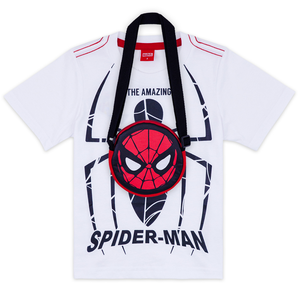 marvel-boy-spider-man-t-shirt-with-bag-เสื้อยืดเด็กสไปเดอร์แมน-เสื้อติดกระเป๋าจริง-สินค้าลิขสิทธ์แท้100-characters-studio