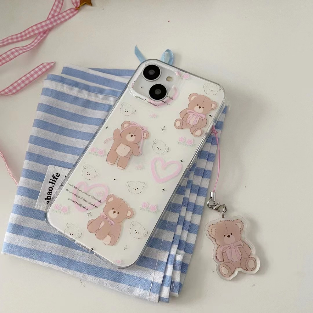 casephoneg-ป้องกันการหล่น-ขอบเต็ม-พร้อมจี้-iphone-11-14-pro-max-การ์ตูน-หมีน้อย-เส้นขอบโปร่งใส-case-for-iphone-12-13
