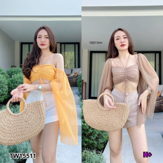 TW15511 งานเซต 2 ชิ้น เสื้อมุ้งมีซับใน+กางเกงขาสั้น