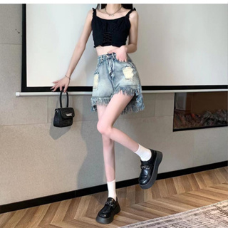 กางเกงยีนส์ขาสั้นเเต่งปลายขาด สไตล์เกาหลี เอวสูงผู้หญิง