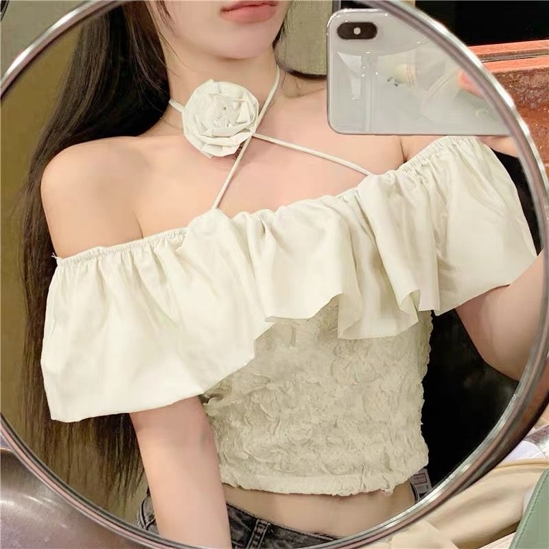 ey-937-พร้อมส่งเสื้อปาดไหล่แต่งสายผูกคอมากับตอกไม้ประดับ-อกใส่ได้ไม่เกิน34นิ้ว