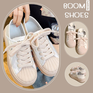 BOOM💣รองเท้าผ้าใบหนัง สีเบจชมพู ขอบบิสกิตส้นหนา พื้นนุ่ม เบอร์ 35-40