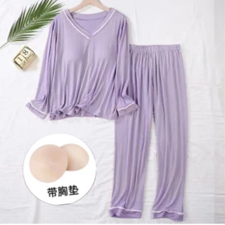 (ราคาถูกที่สุด)M-4XL, ชุดนอนสีทึบ， ชุดนอนผ้าฝ้ายแสนสบาย， พร้อมแผ่นรองหน้าอก， 6 สี